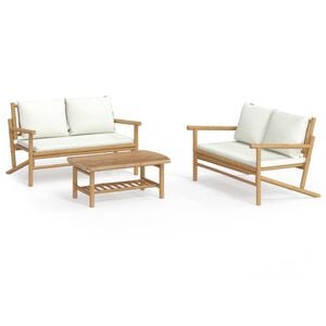 vidaXL 3-delige Loungeset met kussens bamboe cr&egrave;mewit