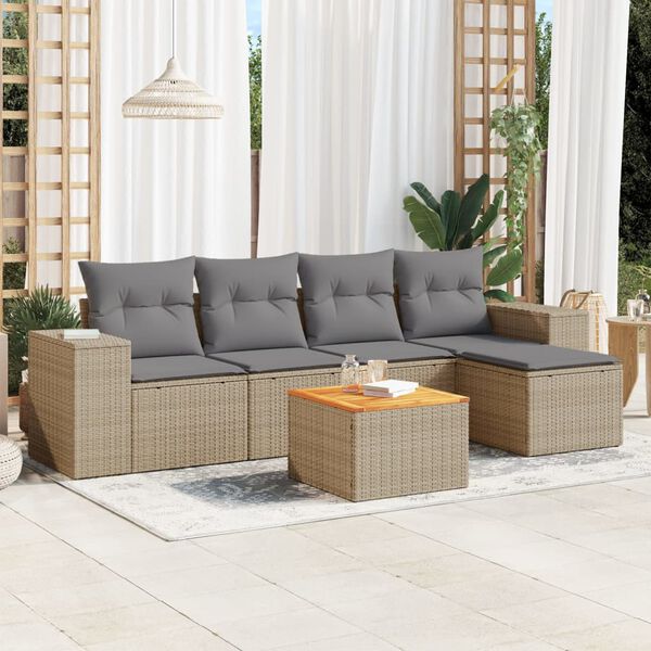 vidaXL 6-delige Loungeset met kussens poly rattan beige