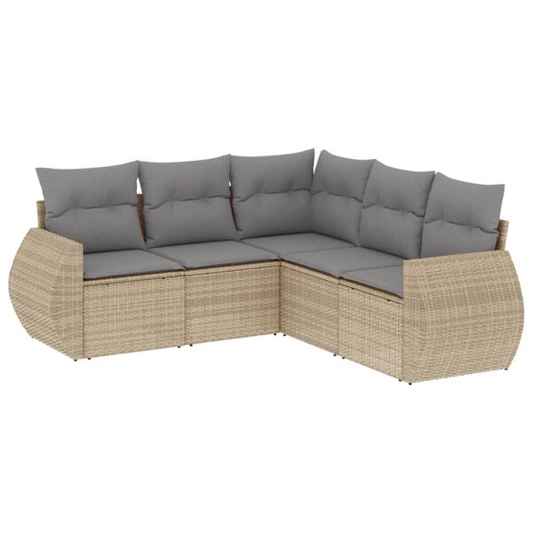 vidaXL 5-delige Loungeset met kussens poly rattan beige