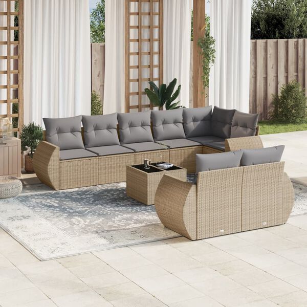 vidaXL 9-delige Loungeset met kussens poly rattan beige