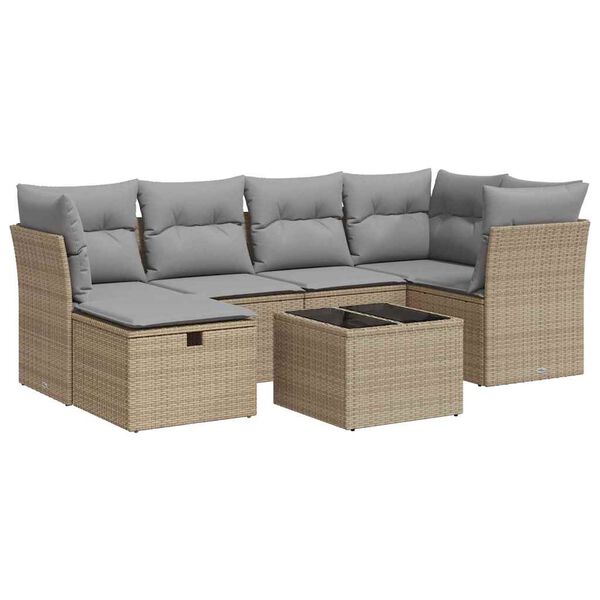 vidaXL 7-delige Loungeset met kussens poly rattan beige