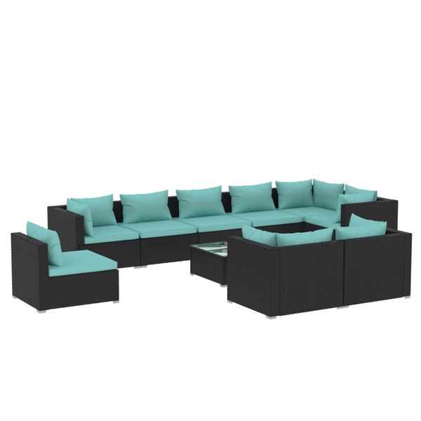 vidaXL 10-delige Loungeset met kussens poly rattan zwart