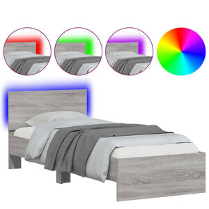 vidaXL Bedframe met hoofdbord en LED grijs sonoma eikenkleur 75x190 cm