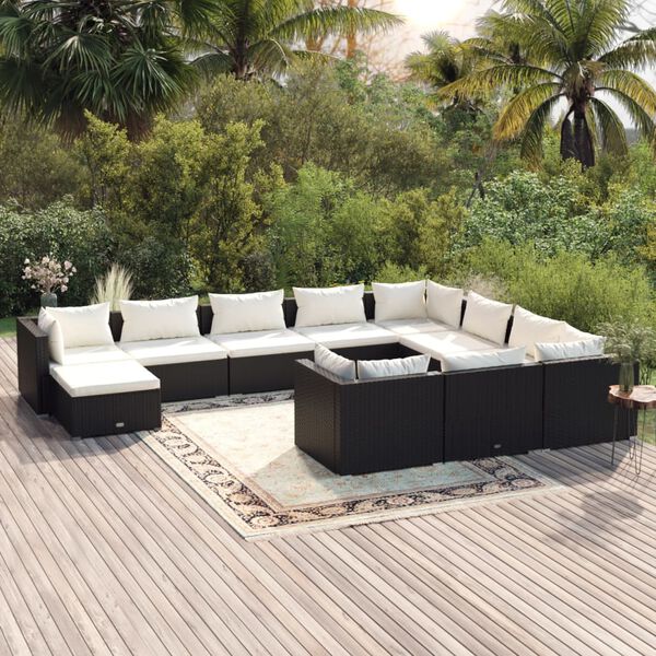 vidaXL 11-delige Loungeset met kussens poly rattan zwart