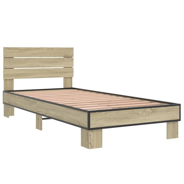 vidaXL Bedframe bewerkt hout en metaal sonoma eikenkleurig 90x200 cm