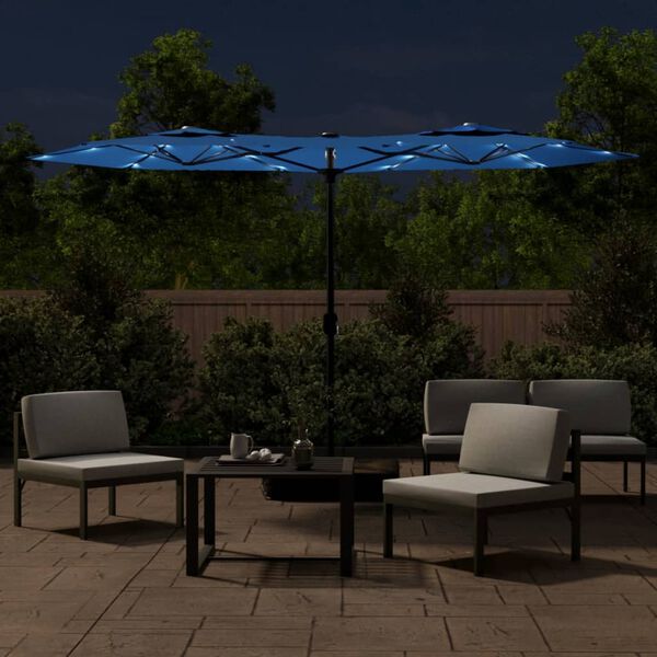 vidaXL Parasol dubbel dak met LED 316x145 cm azuurblauw