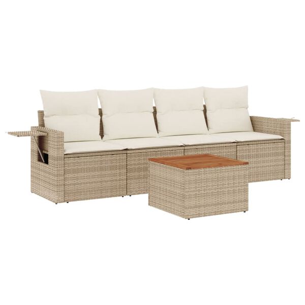 vidaXL 5-delige Loungeset met kussens poly rattan beige
