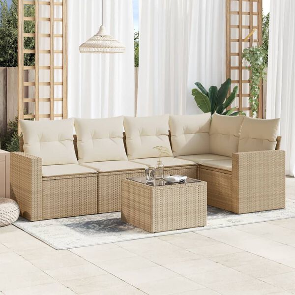 vidaXL 6-delige Loungeset met kussens poly rattan beige