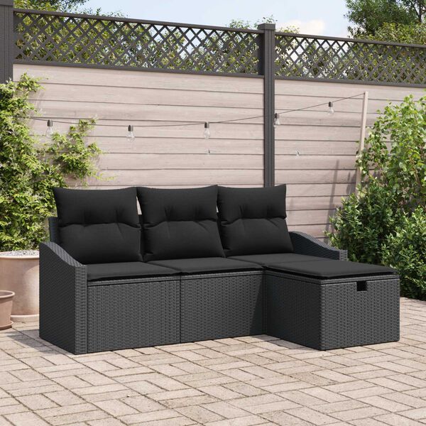 vidaXL Bankstel met kussen met opslag 4 pcs Zwart poly rattan