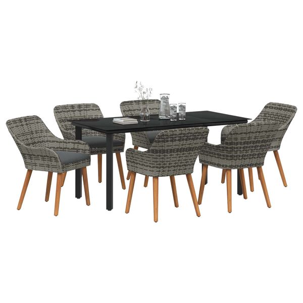 vidaXL Tuin eettafelset met kussen 7 pcs Grijs poly rattan
