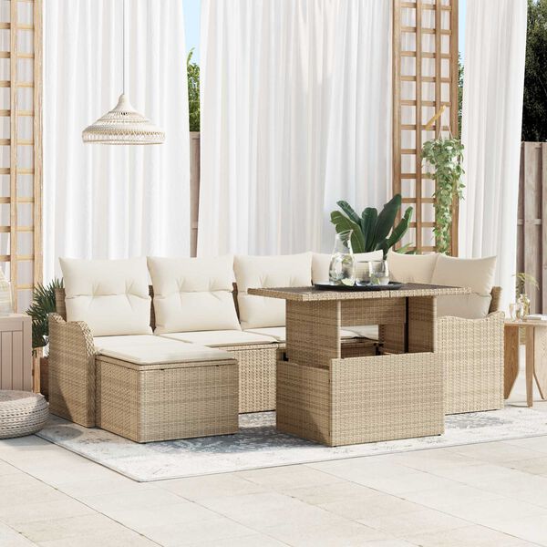 vidaXL Tuin Sofa Set met kussen met opslag 7 pcs Beige Poly riet