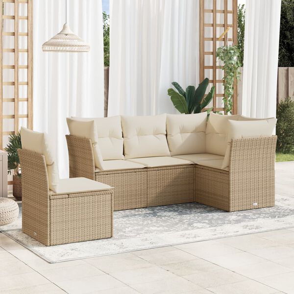 vidaXL 5-delige Loungeset met kussens poly rattan beige