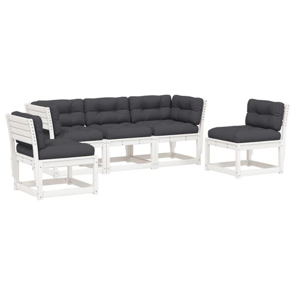 vidaXL 5-delige Loungeset met kussens massief grenenhout wit
