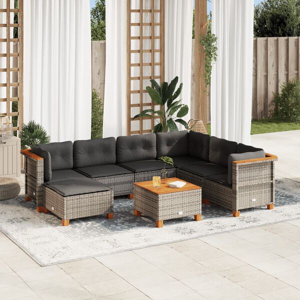 vidaXL 8-delige Loungeset met kussens poly rattan grijs