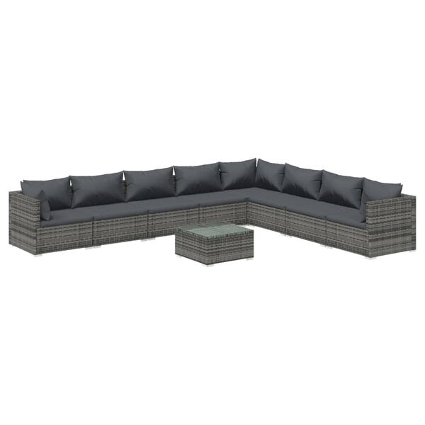 vidaXL 9-delige Loungeset met kussens poly rattan grijs
