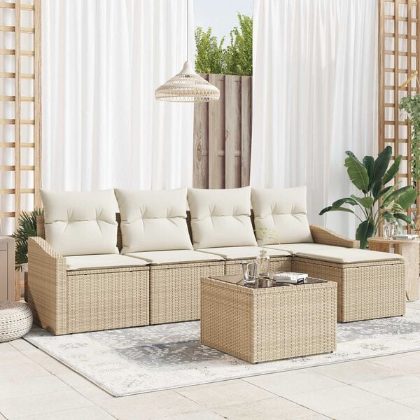 vidaXL Bankstel met kussen met opslag 6 pcs Beige en Cr&egrave;me poly rattan