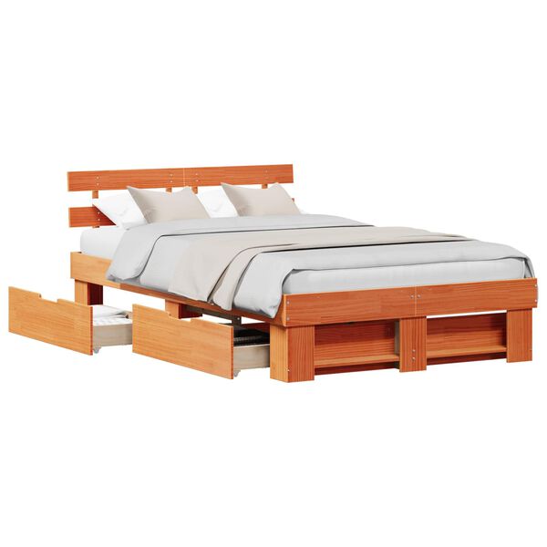 vidaXL Bedframe met lade Wasbruin 120 x 190 cm Massief grenenhout