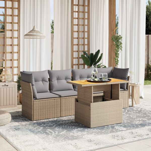 vidaXL 5-delige Loungeset met kussens poly rattan beige