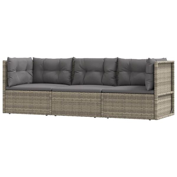vidaXL 3-delige Loungeset met kussens poly rattan grijs