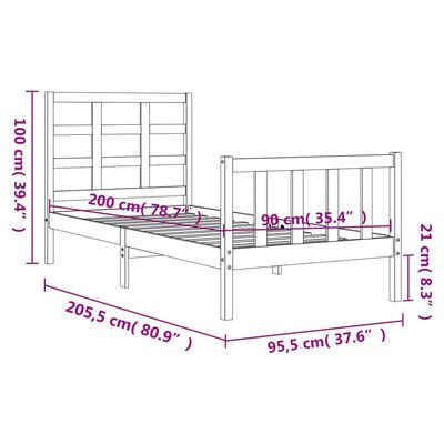 vidaXL Bedframe met hoofdbord massief hout wit 90x200 cm