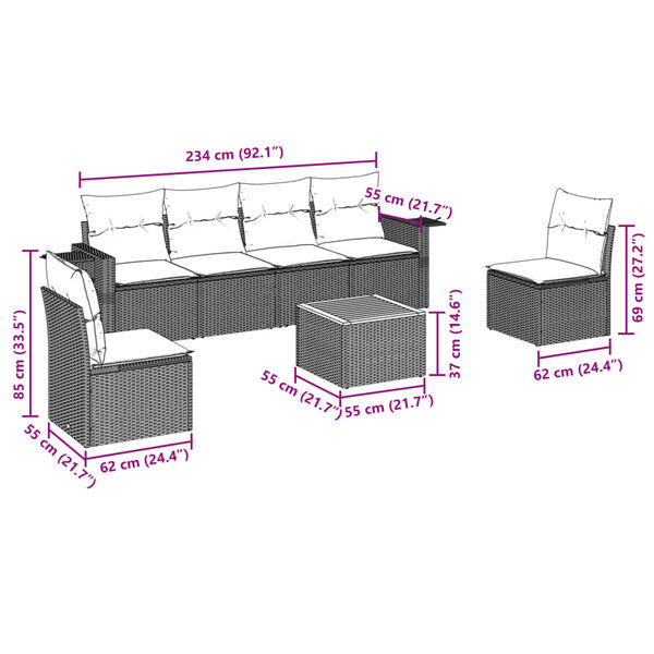 vidaXL 7-delige Loungeset met kussens poly rattan grijs
