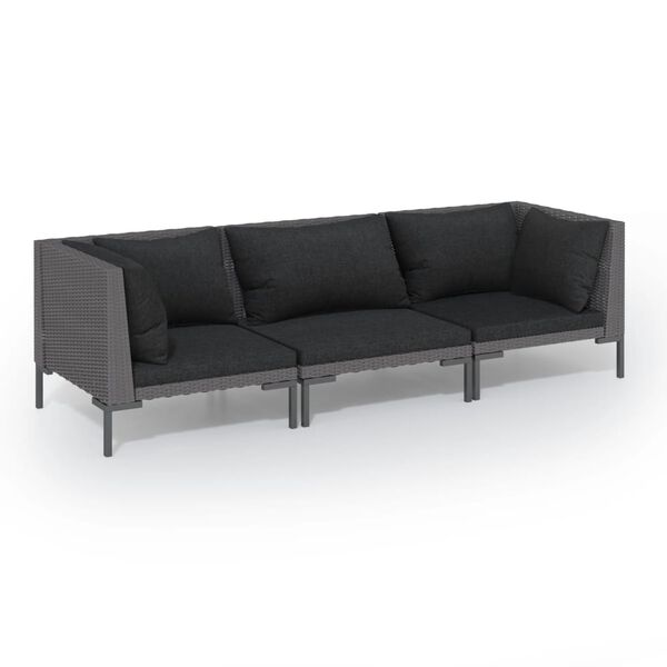 vidaXL 3-delige Loungeset met kussens poly rattan donkergrijs