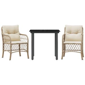 vidaXL 3-delige Bistroset met kussens poly rattan beige