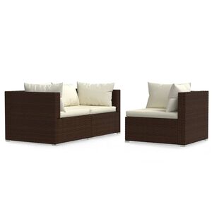 vidaXL 3-delige Loungeset met kussens poly rattan bruin