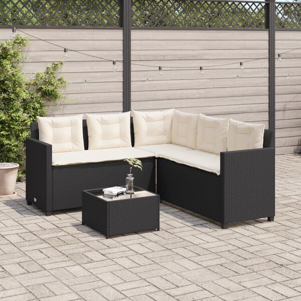 vidaXL Tuinbank met tafel en kussens L-vormig poly rattan zwart