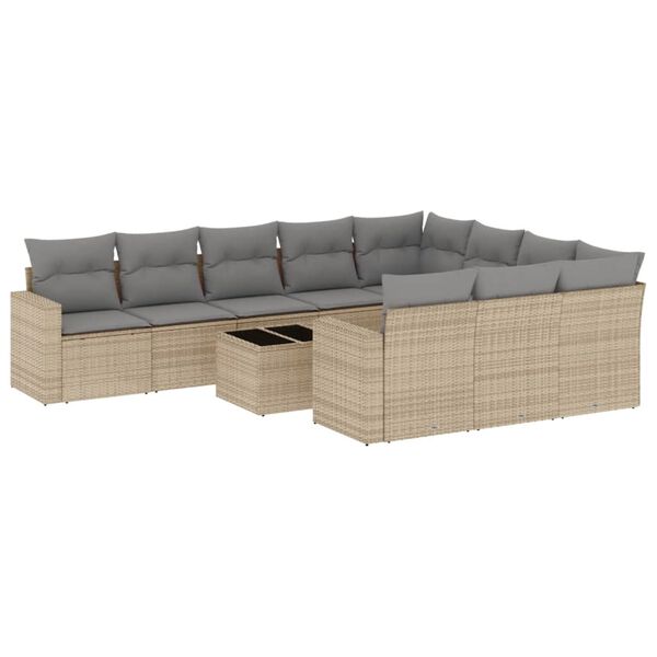 vidaXL 11-delige Tuinset met kussens poly rattan beige