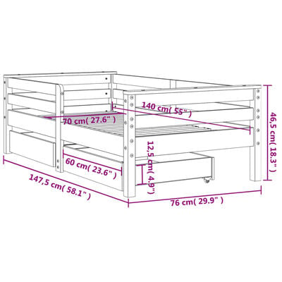 vidaXL Kinderbedframe met lades 70x140 cm massief grenenhout