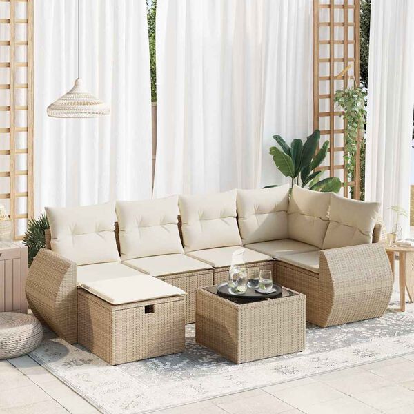 vidaXL 7-delige Loungeset met kussens poly rattan beige