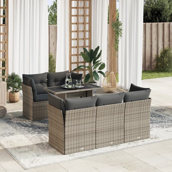 vidaXL 6-delige Loungeset met kussens poly rattan grijs