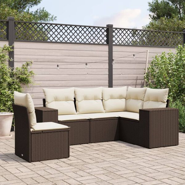 vidaXL 5-delige Loungeset met kussens poly rattan bruin