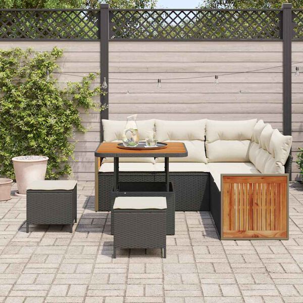 vidaXL Tuinbankenset met kussen 9 pcs Zwart en Cr&egrave;me poly rattan