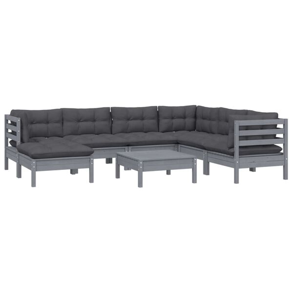 vidaXL 8-delige Loungeset met kussens massief grenenhout grijs