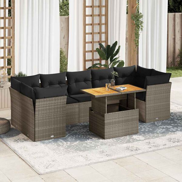vidaXL 8-delige Loungeset met kussens poly rattan grijs