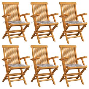 vidaXL Tuinstoelen 6 st met grijs geruite kussens massief teakhout