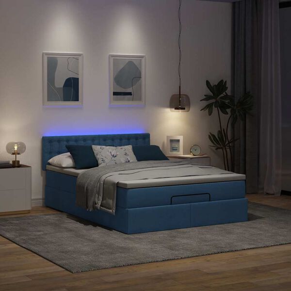 vidaXL Ottoman bed met matras en LED's 140x200cm stof blauw