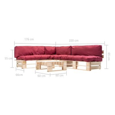 vidaXL 4-delige Loungeset pallet met rode kussens hout