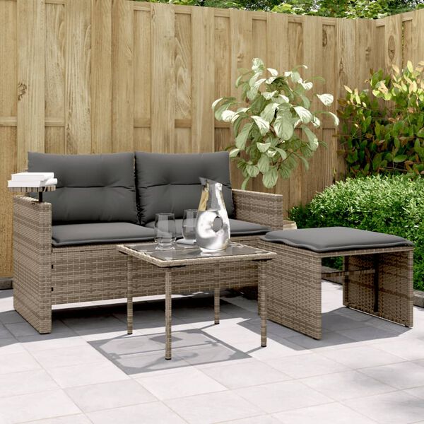 vidaXL 3-delige Loungeset met kussens poly rattan grijs