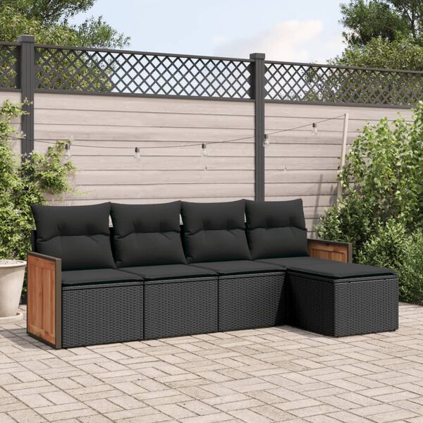vidaXL 5-delige Loungeset met kussens poly rattan zwart