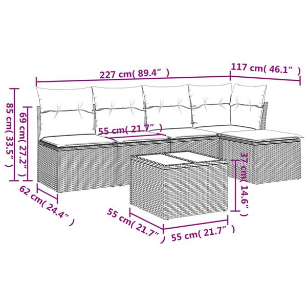 vidaXL 6-delige Loungeset met kussens poly rattan beige