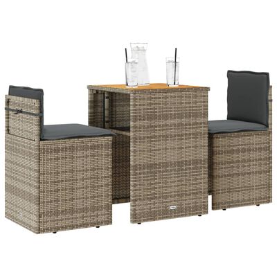 vidaXL 3-delige Bistroset met kussens poly rattan grijs