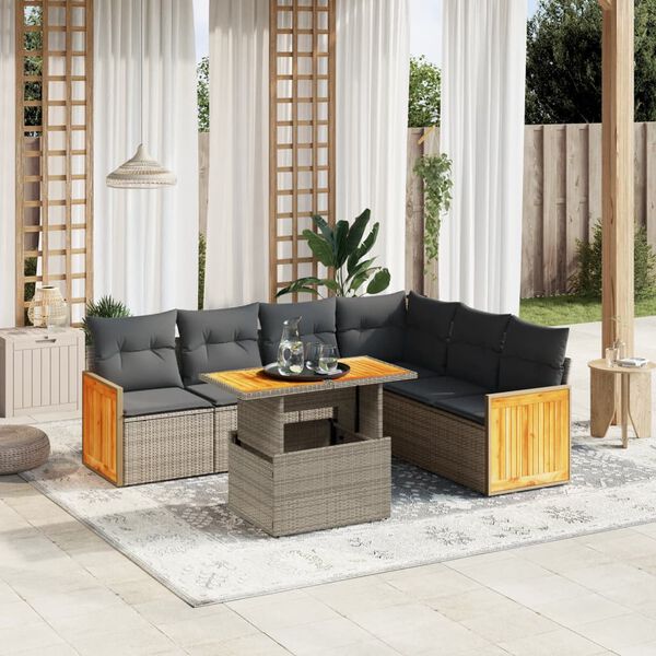 vidaXL 7-delige Loungeset met kussens poly rattan grijs