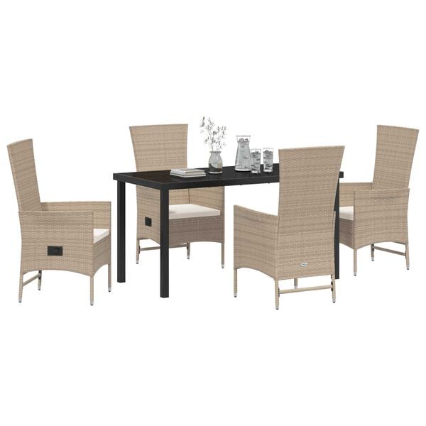vidaXL Tuin eettafelset met kussen 5 pcs Beige poly rattan