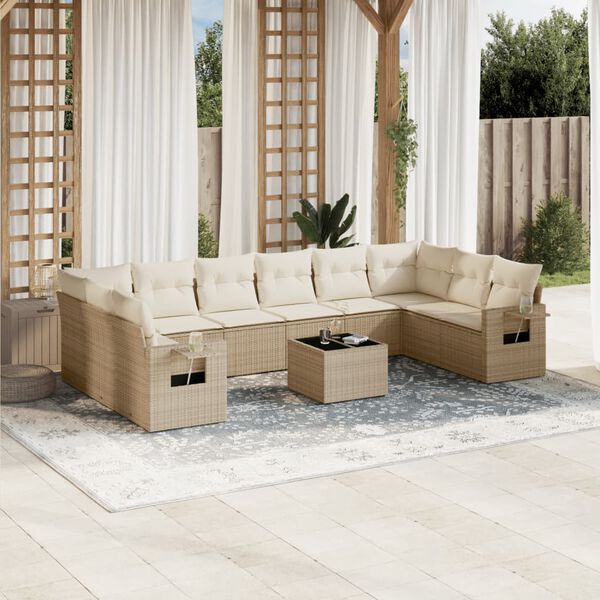 vidaXL 11-delige Tuinset met kussens poly rattan beige