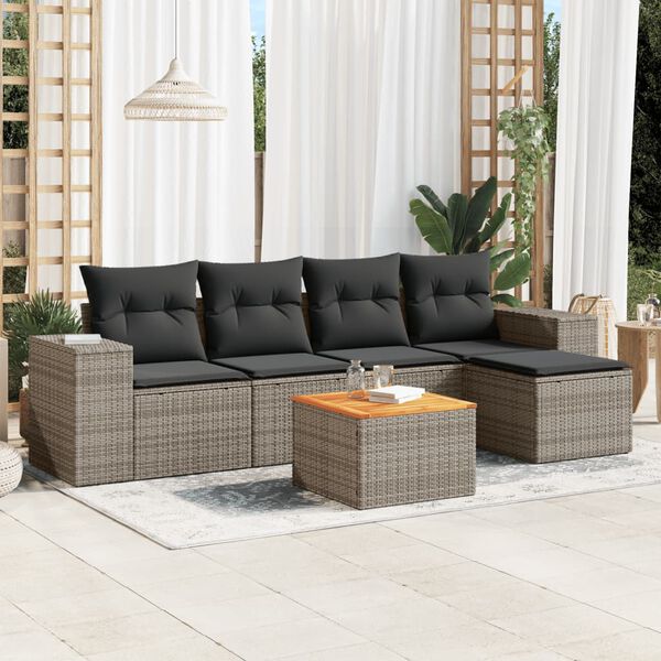 vidaXL 6-delige Loungeset met kussens poly rattan grijs