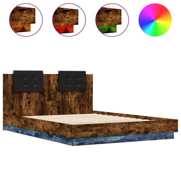 vidaXL Bedframe met hoofdbord en LED gerookt eikenkleur 140x200 cm