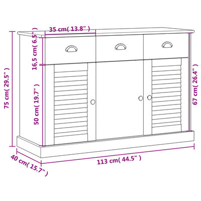 vidaXL Dressoir met lades VIGO 113x40x75 cm massief grenenhout